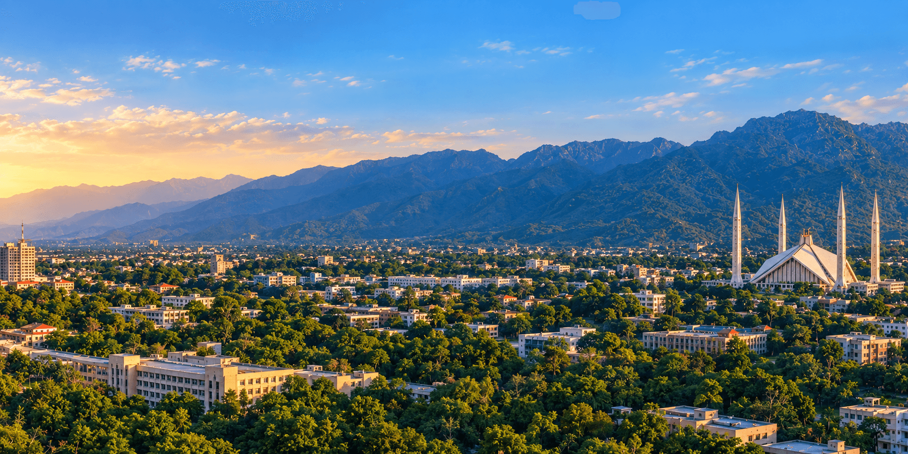 Islamabad skyline with the Faisal Mosque and the Margalla Hills